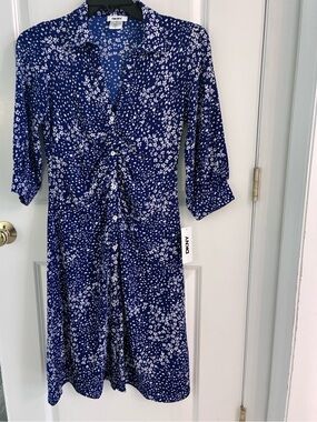 DKNY Royal Blue and White Printed Midi Shirt Dress with Ruched Front